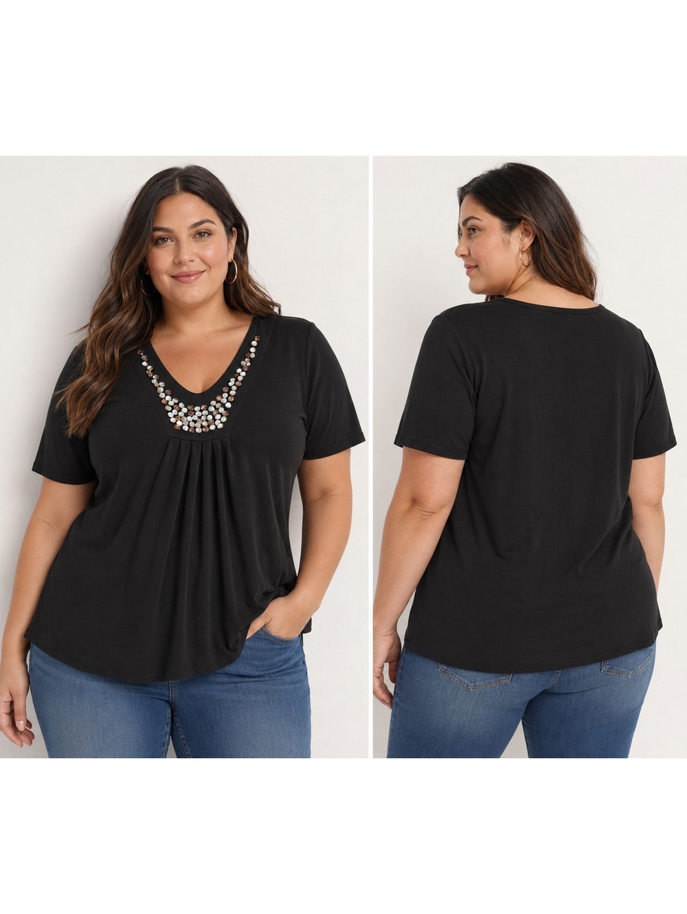 Susan Graver Black Embellished V-Neck Short Sleeve Knit Top Women’s 1X Stretch